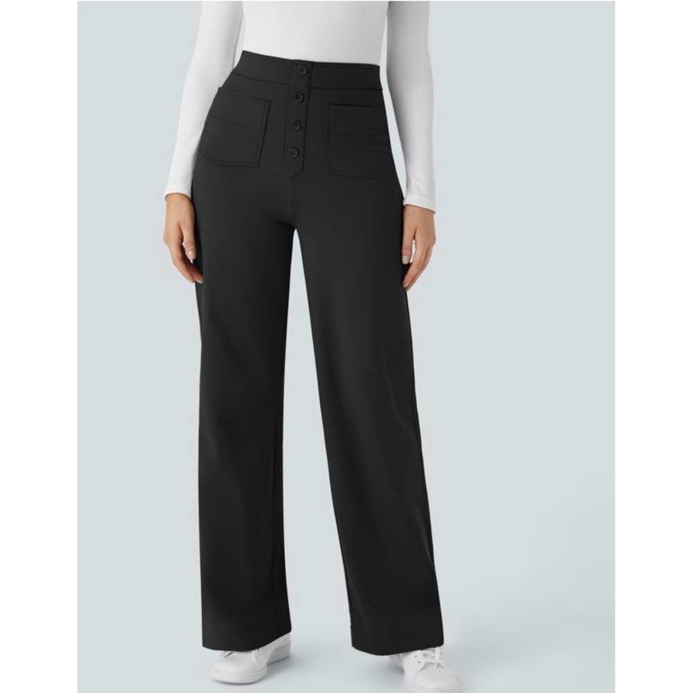 Womens HALARA High Waisted Pockets Straight Careerwear Black Medium Tall.